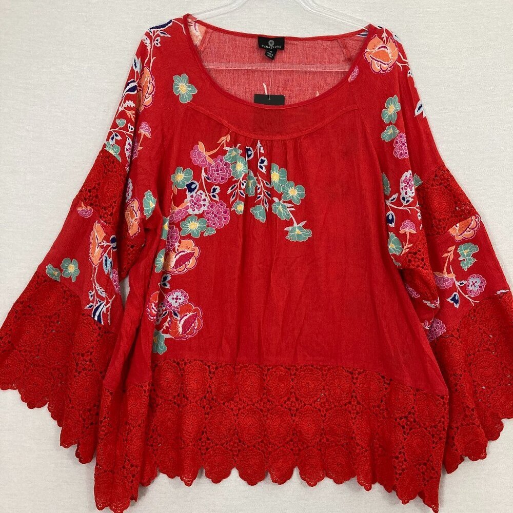 New Curations Red Multi‎ Floral Crochet Detail Flare Sleeve Feminine Blouse 1X